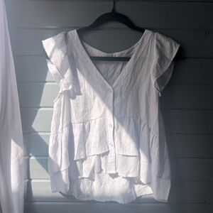 🩵Light Blue Linen Buttoned Top with Frilled Shoulder Sleeves🩵